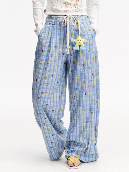 Ashlight - Women's Star Plaid Print Lightweight Drawstring Pants