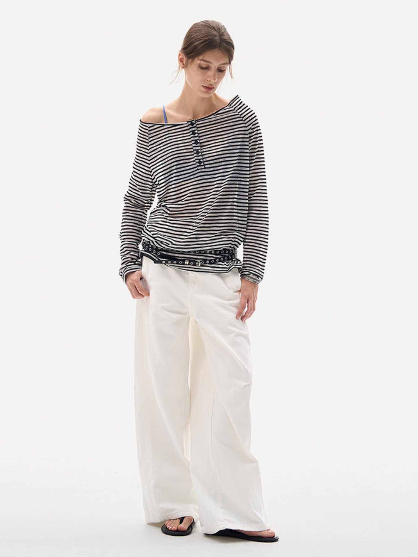Greystorm - Women's Lightweight Striped Off-Shoulder Long Sleeve T-Shirt
