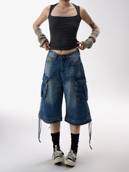 BasicLine - Women's Multi-Pocket Denim Cargo Cropped Pants