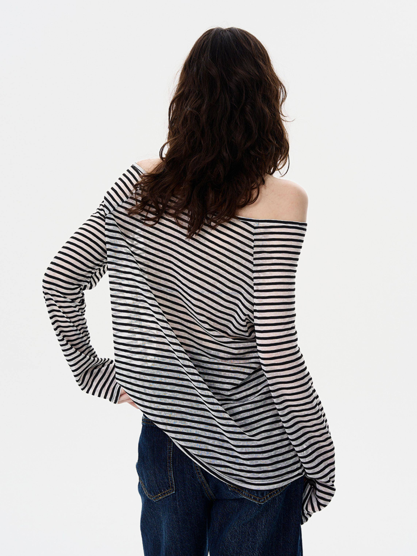 Greystorm - Women's Lightweight Striped Off-Shoulder Long Sleeve T-Shirt