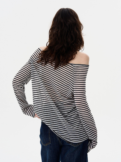 Greystorm - Women's Lightweight Striped Off-Shoulder Long Sleeve T-Shirt