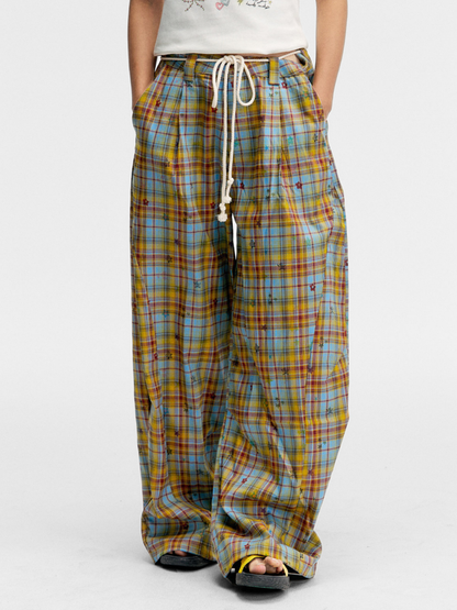 Ashlight - Women's Star Plaid Print Lightweight Drawstring Pants
