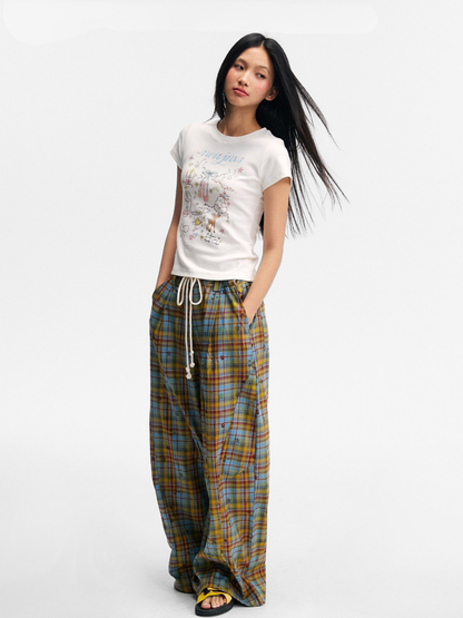 Ashlight - Women's Star Plaid Print Lightweight Drawstring Pants